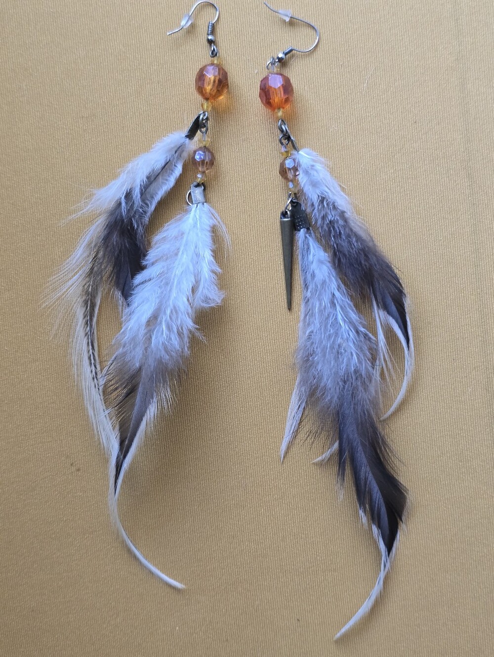 New!Feather Earrings Drop Chain with Spike charm Handcrafted Boho Native Western